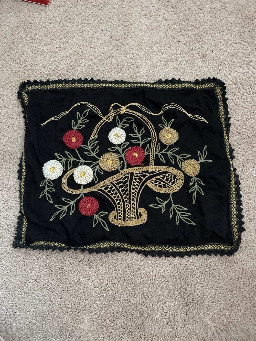 Vintage Crewel Embroidery Pillow Cover Basket Flowers Raised Wool Folk Art
